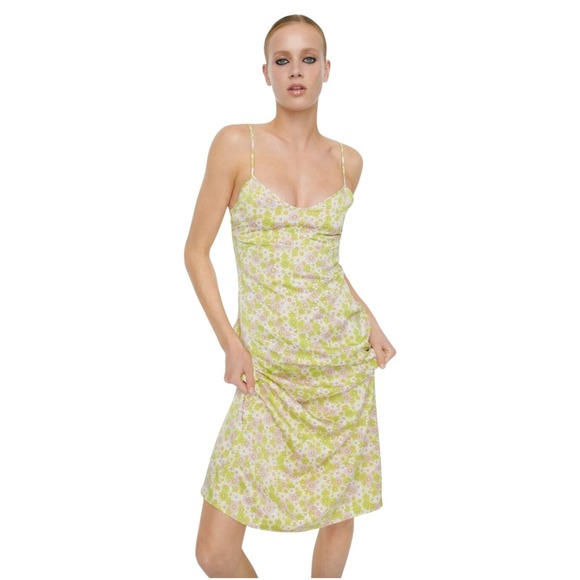 Zara Dresses & Skirts - Zara 70's Style Floral Midi Slip Dress Lime Green Pink Daisy Open Back Size M